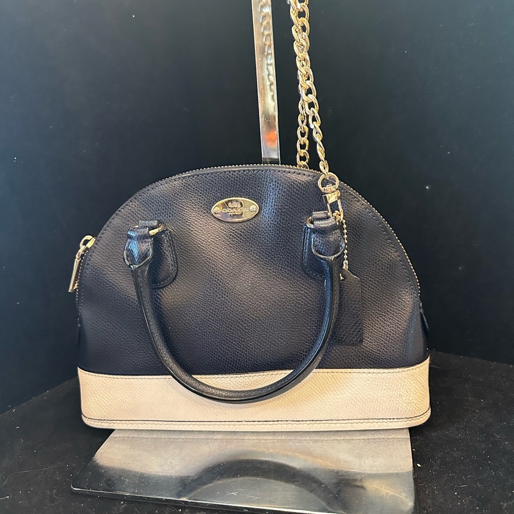 Coach Mini Cora Deep Navy and Beige Two-Tone Dome Satchel with Gold Chain